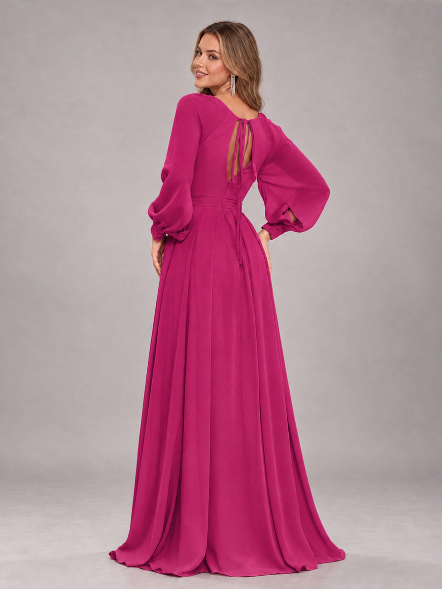 Fuchsia Trendy Halter Long Sleeves Slit Floor Length Chiffon Bridesmaid Dress