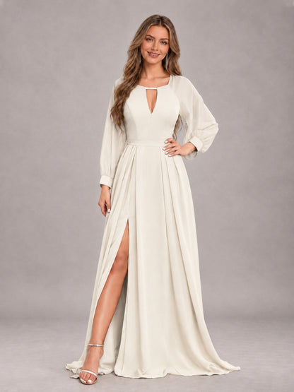 Ivory Trendy Halter Long Sleeves Slit Floor Length Chiffon Bridesmaid Dress