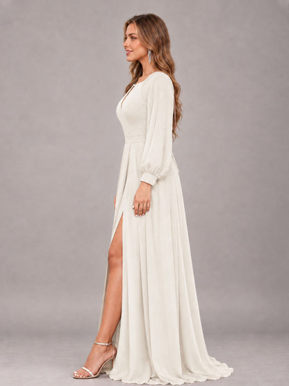Ivory Trendy Halter Long Sleeves Slit Floor Length Chiffon Bridesmaid Dress