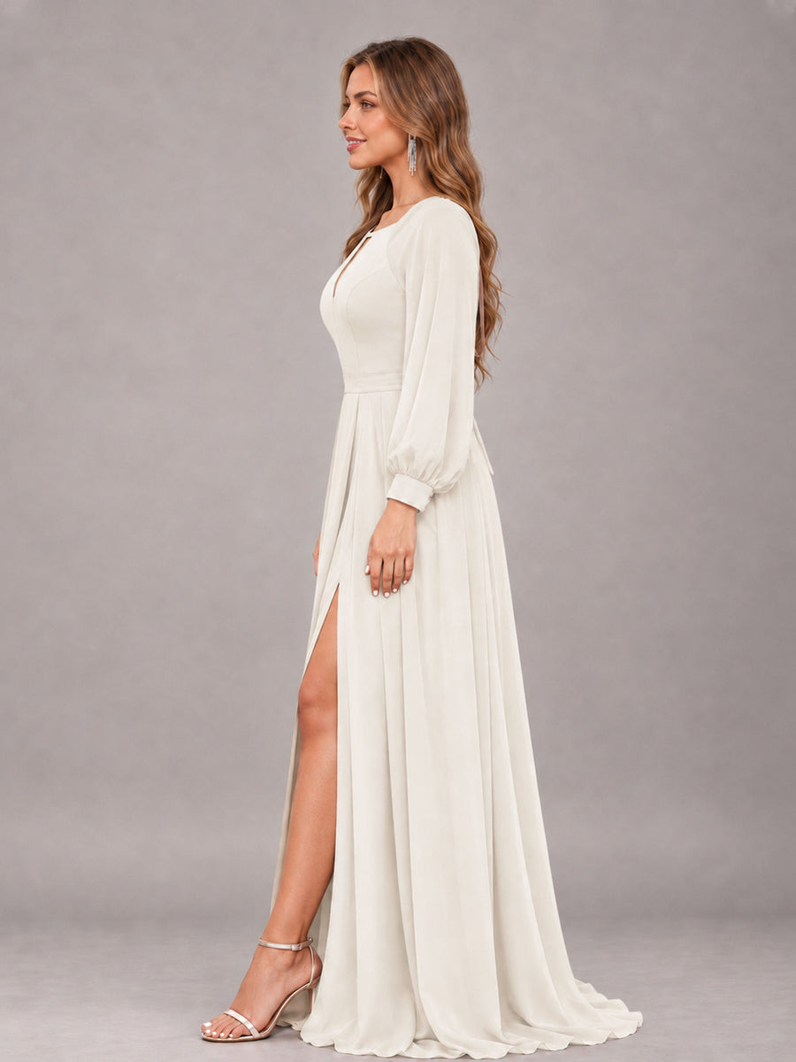 Ivory Trendy Halter Long Sleeves Slit Floor Length Chiffon Bridesmaid Dress