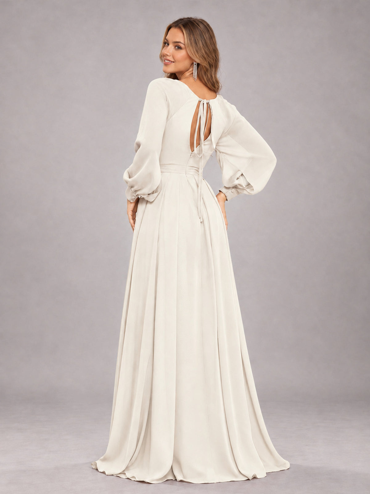 Ivory Trendy Halter Long Sleeves Slit Floor Length Chiffon Bridesmaid Dress