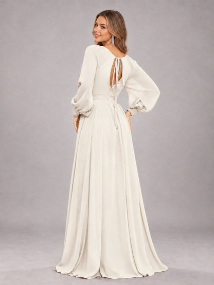 Ivory Trendy Halter Long Sleeves Slit Floor Length Chiffon Bridesmaid Dress