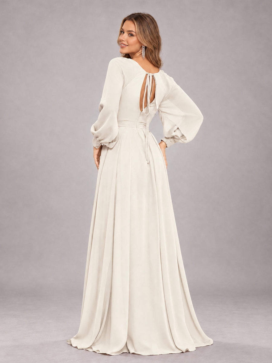 Ivory Trendy Halter Long Sleeves Slit Floor Length Chiffon Bridesmaid Dress