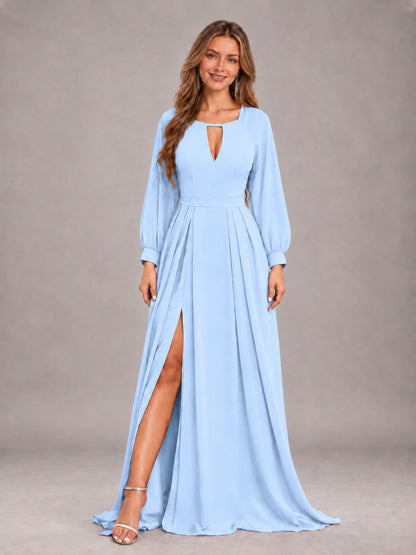 Light Blue Trendy Halter Long Sleeves Slit Floor Length Chiffon Bridesmaid Dress