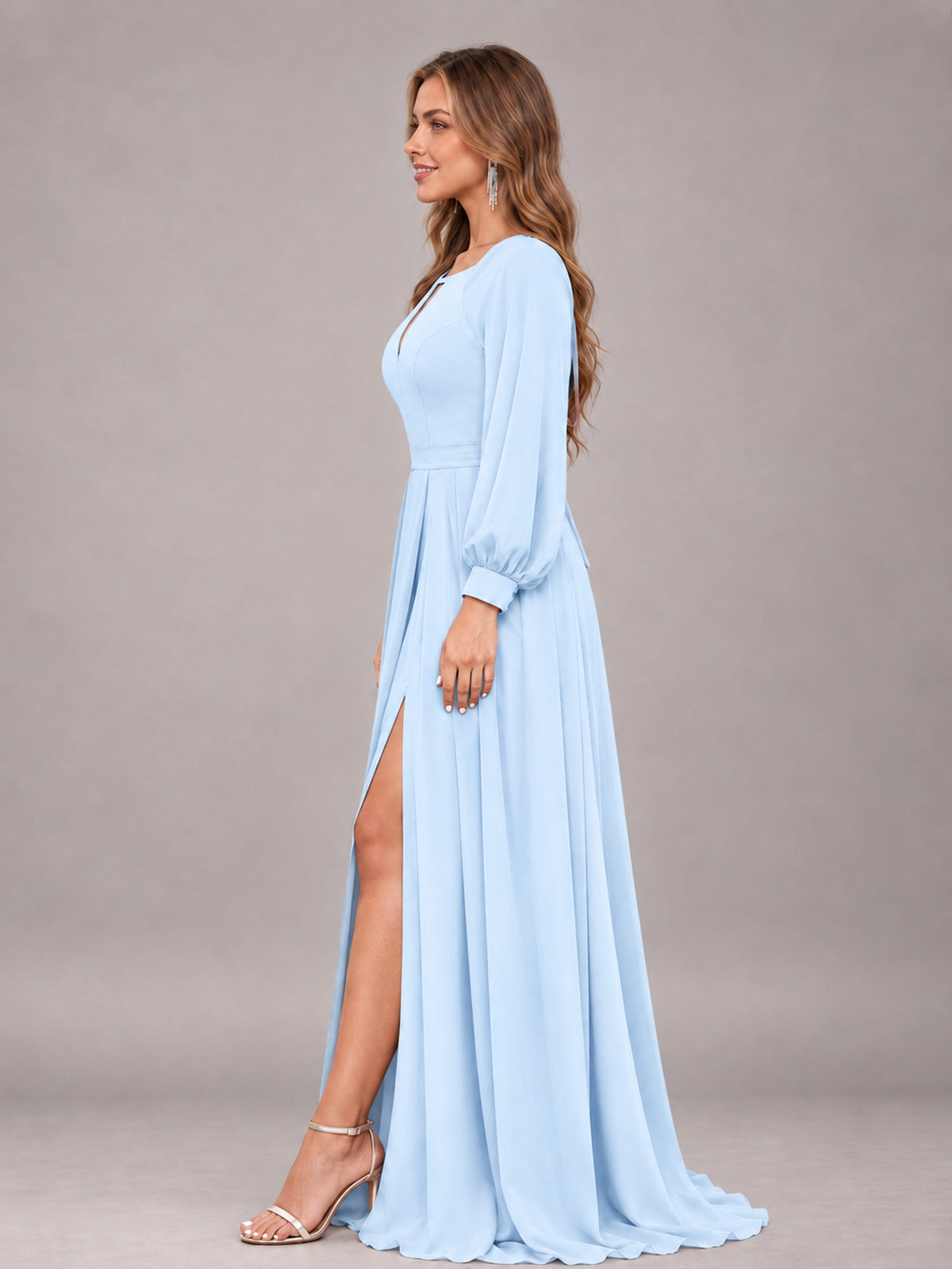 Light Blue Trendy Halter Long Sleeves Slit Floor Length Chiffon Bridesmaid Dress
