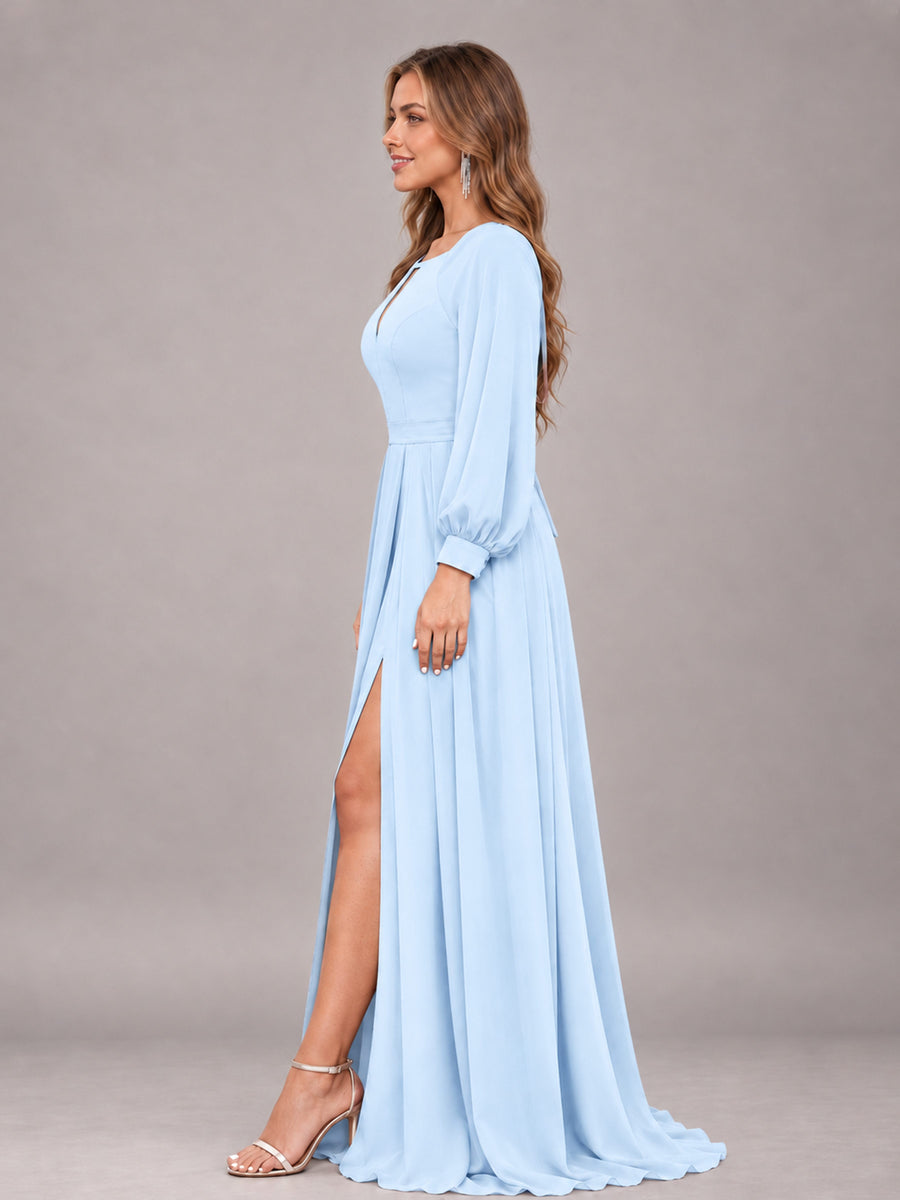 Light Blue Trendy Halter Long Sleeves Slit Floor Length Chiffon Bridesmaid Dress