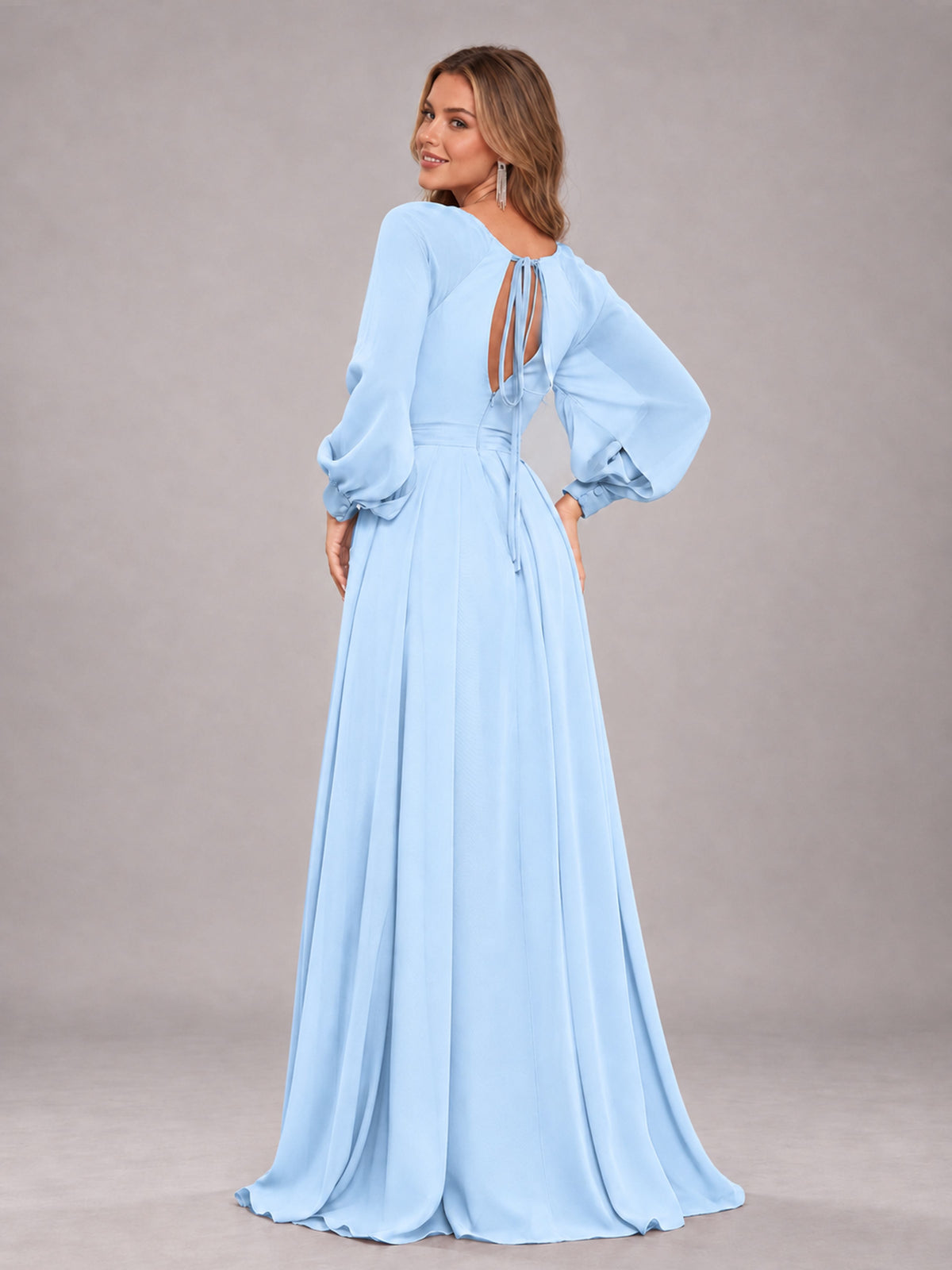 Light Blue Trendy Halter Long Sleeves Slit Floor Length Chiffon Bridesmaid Dress