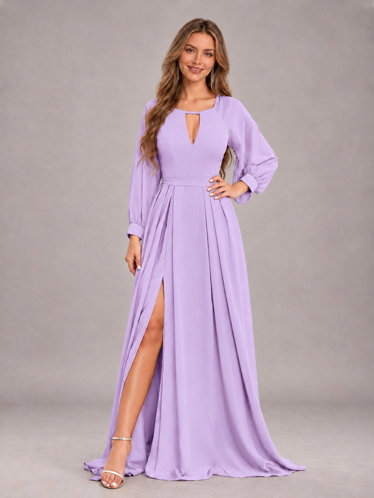 Lilac Trendy Halter Long Sleeves Slit Floor Length Chiffon Bridesmaid Dress