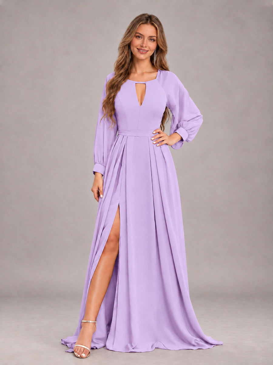 Lilac Trendy Halter Long Sleeves Slit Floor Length Chiffon Bridesmaid Dress