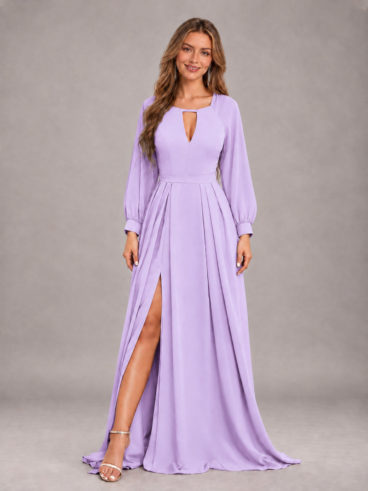 Lilac Trendy Halter Long Sleeves Slit Floor Length Chiffon Bridesmaid Dress