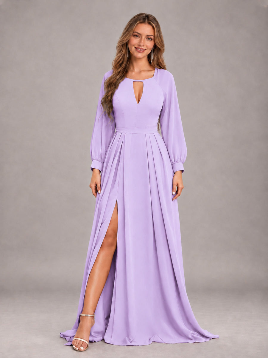 Lilac Trendy Halter Long Sleeves Slit Floor Length Chiffon Bridesmaid Dress