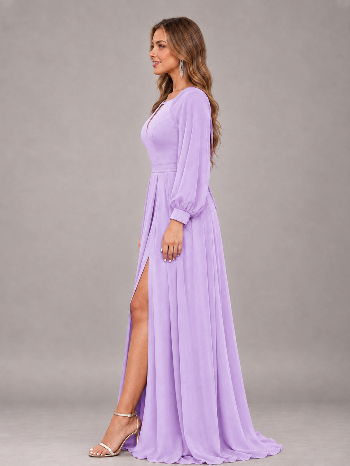 Lilac Trendy Halter Long Sleeves Slit Floor Length Chiffon Bridesmaid Dress