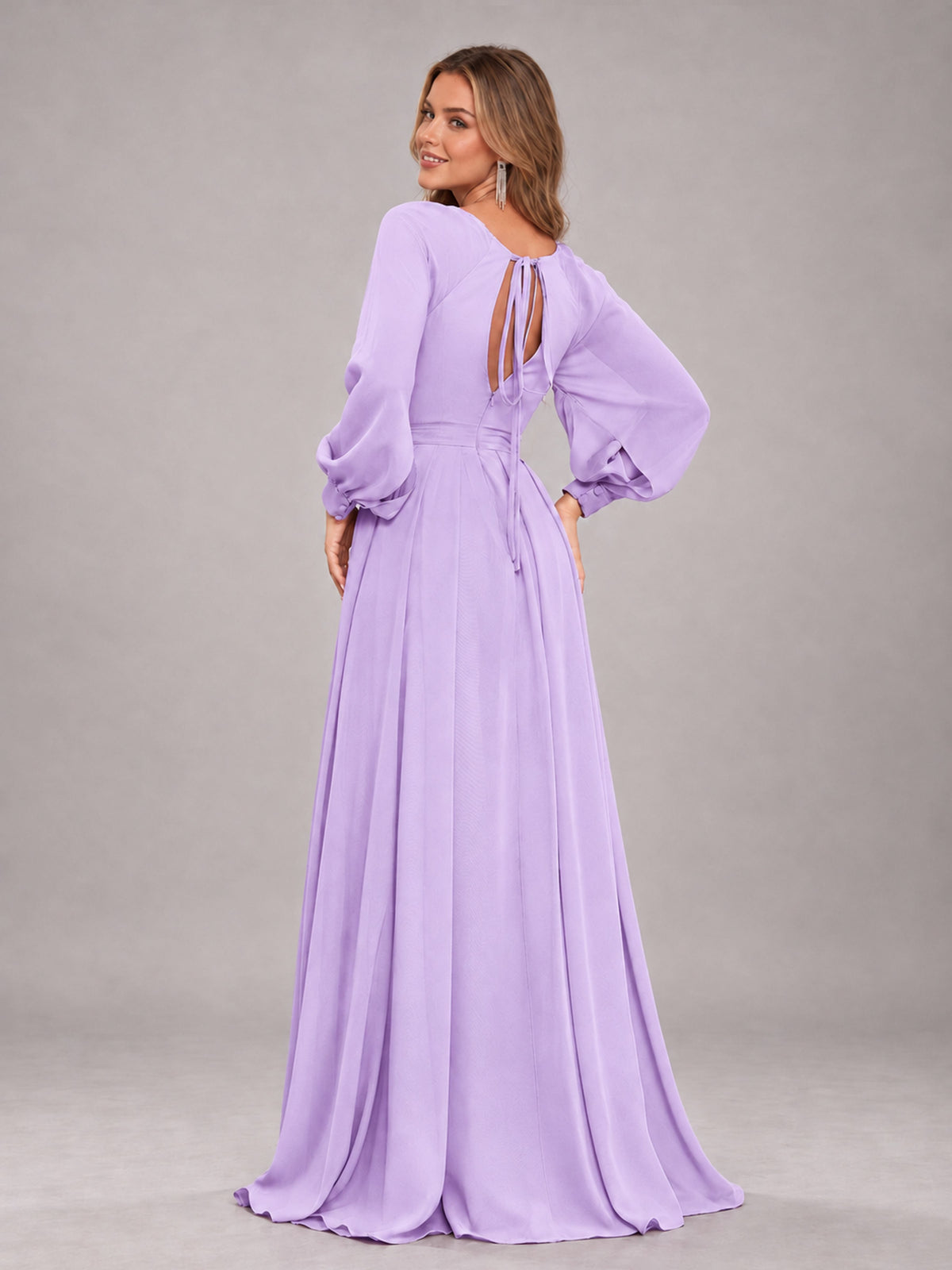 Lilac Trendy Halter Long Sleeves Slit Floor Length Chiffon Bridesmaid Dress
