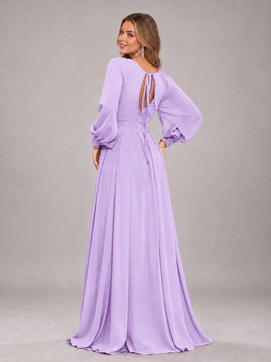 Lilac Trendy Halter Long Sleeves Slit Floor Length Chiffon Bridesmaid Dress