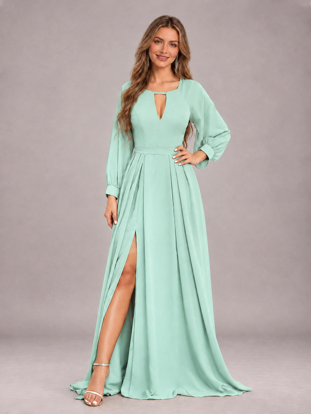Mint Green Trendy Halter Long Sleeves Slit Floor Length Chiffon Bridesmaid Dress