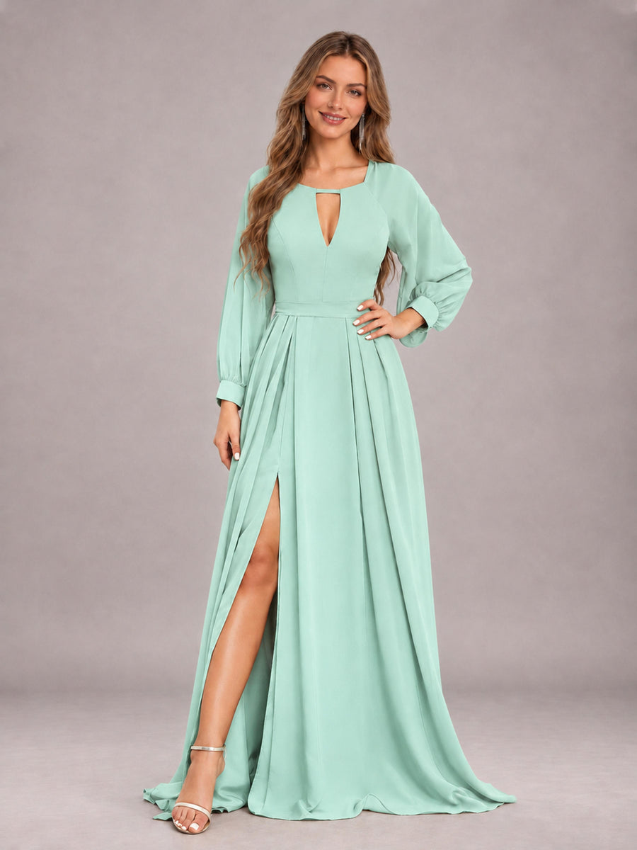 Mint Green Trendy Halter Long Sleeves Slit Floor Length Chiffon Bridesmaid Dress