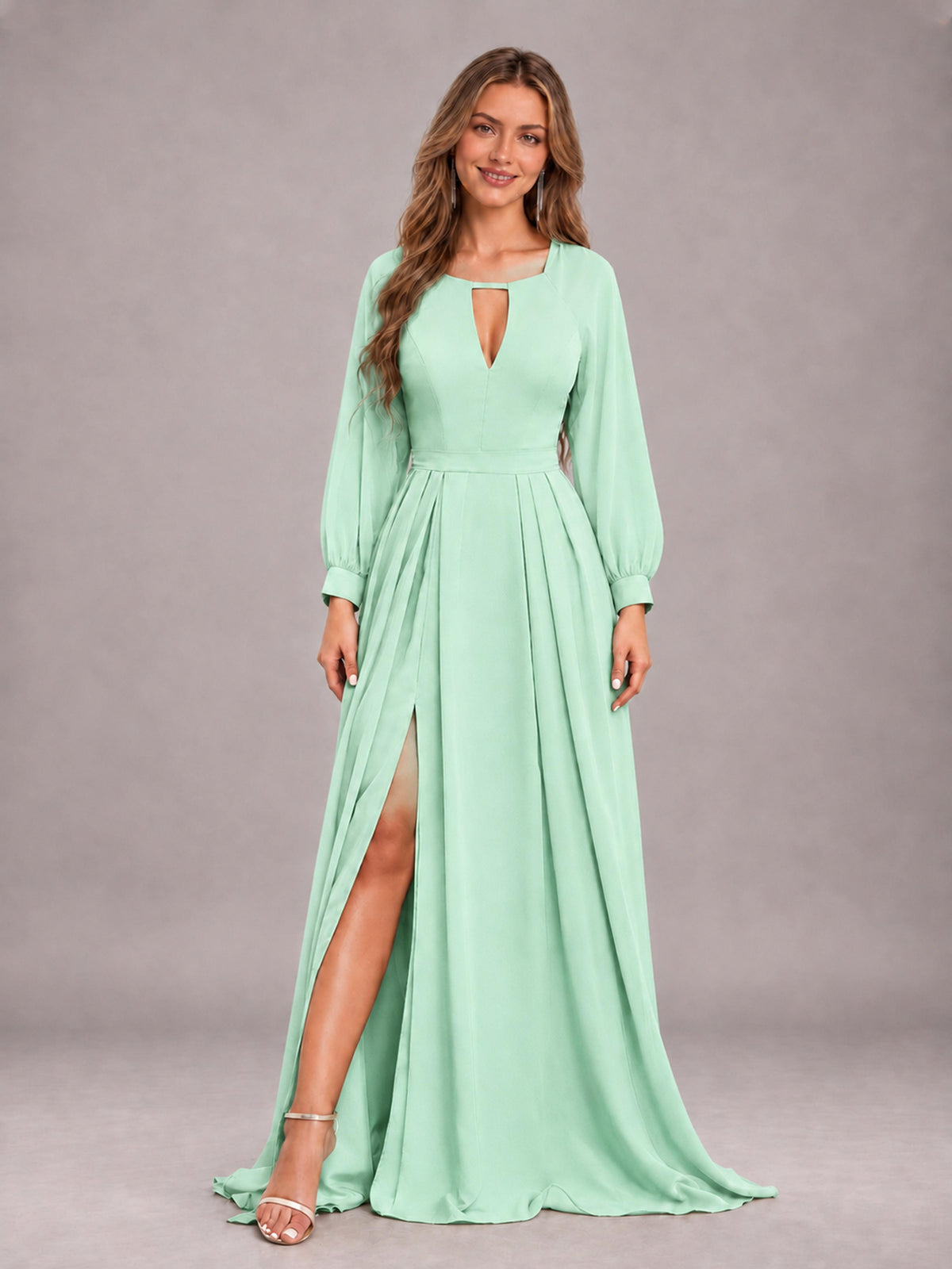 Mint Green Trendy Halter Long Sleeves Slit Floor Length Chiffon Bridesmaid Dress