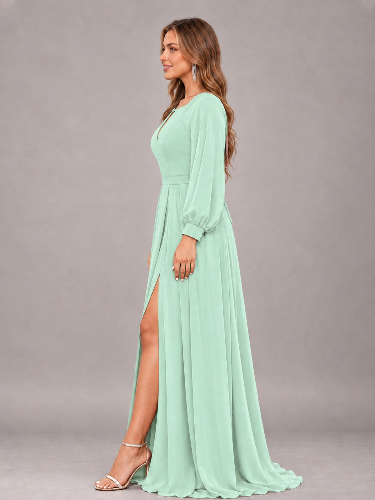 Mint Green Trendy Halter Long Sleeves Slit Floor Length Chiffon Bridesmaid Dress