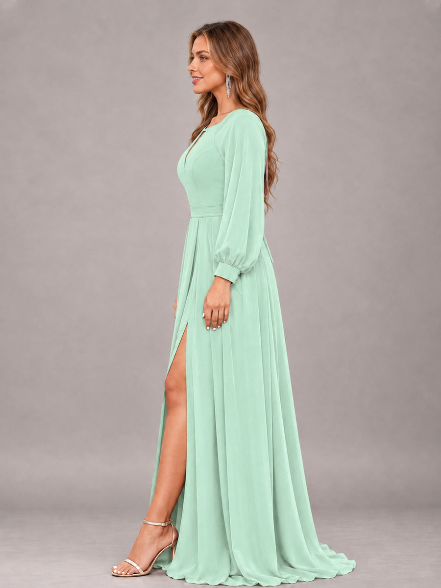 Mint Green Trendy Halter Long Sleeves Slit Floor Length Chiffon Bridesmaid Dress