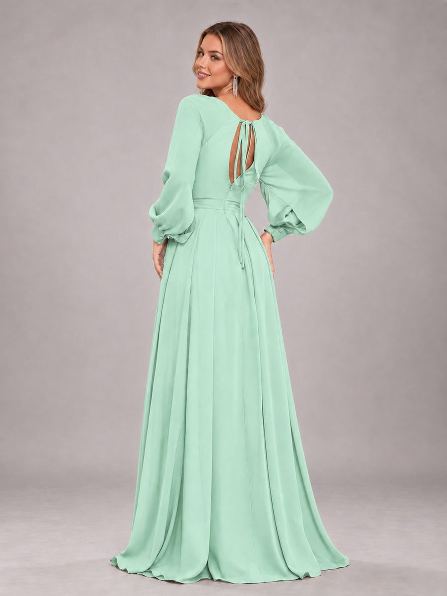 Mint Green Trendy Halter Long Sleeves Slit Floor Length Chiffon Bridesmaid Dress