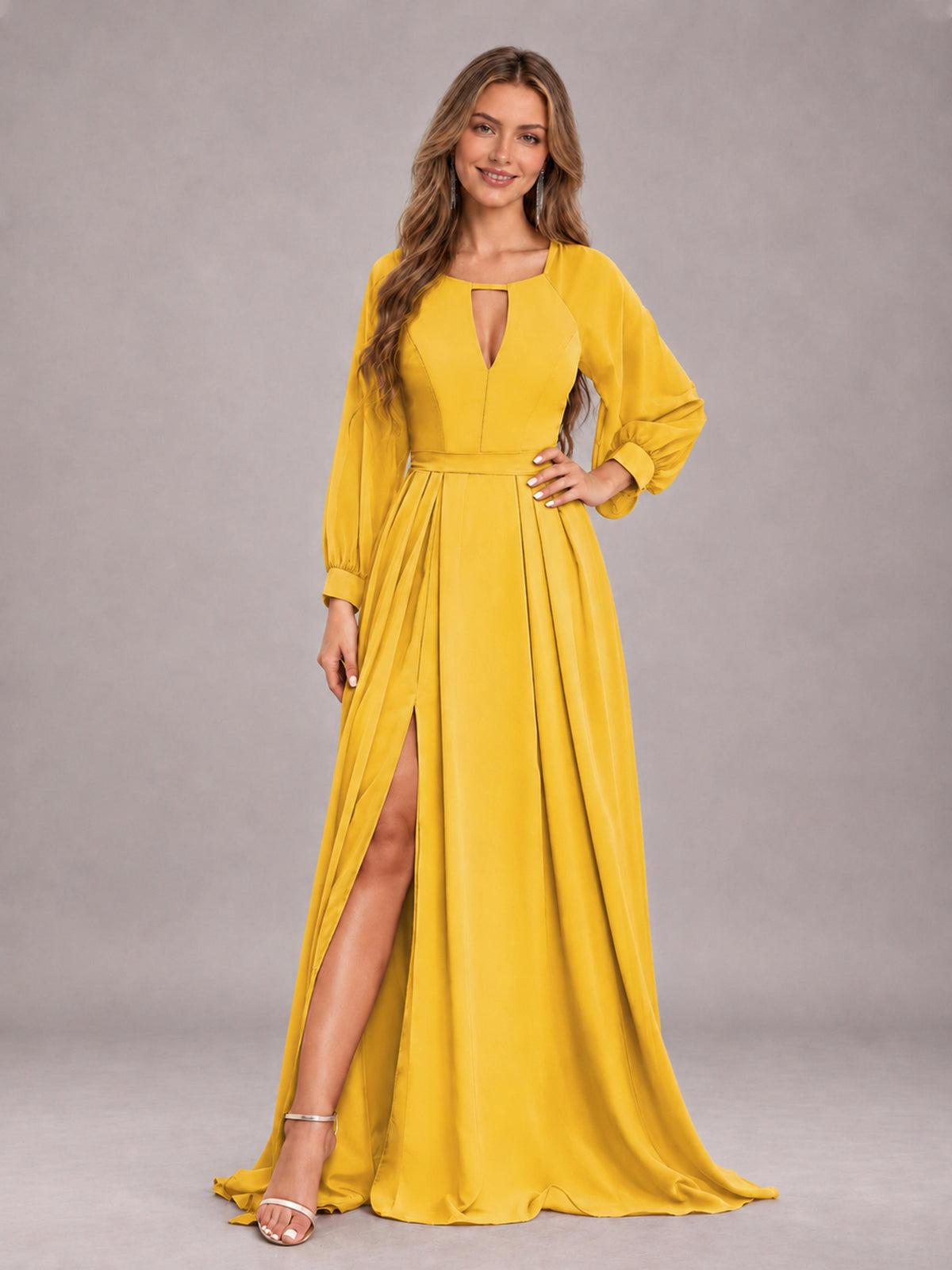 Mustard Yellow Trendy Halter Long Sleeves Slit Floor Length Chiffon Bridesmaid Dress