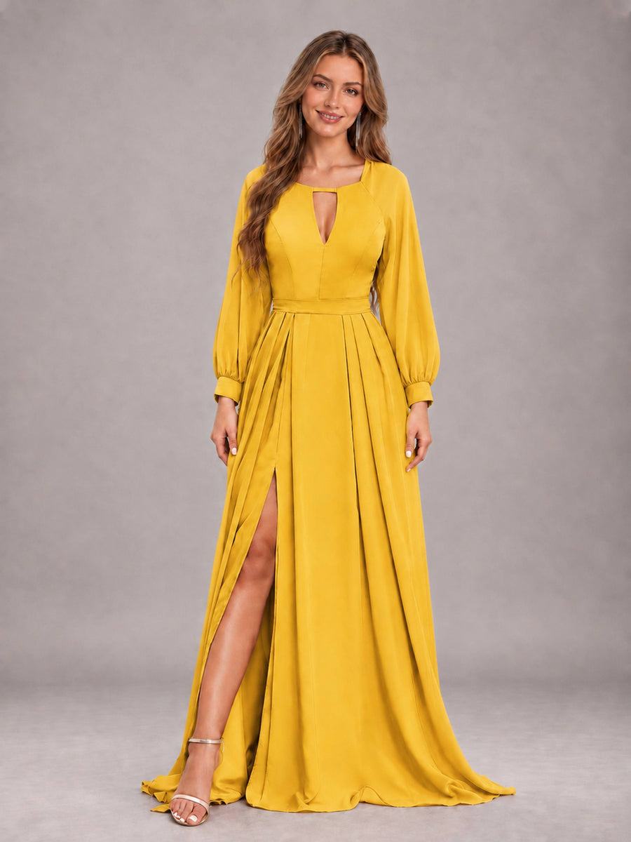 Mustard Yellow Trendy Halter Long Sleeves Slit Floor Length Chiffon Bridesmaid Dress