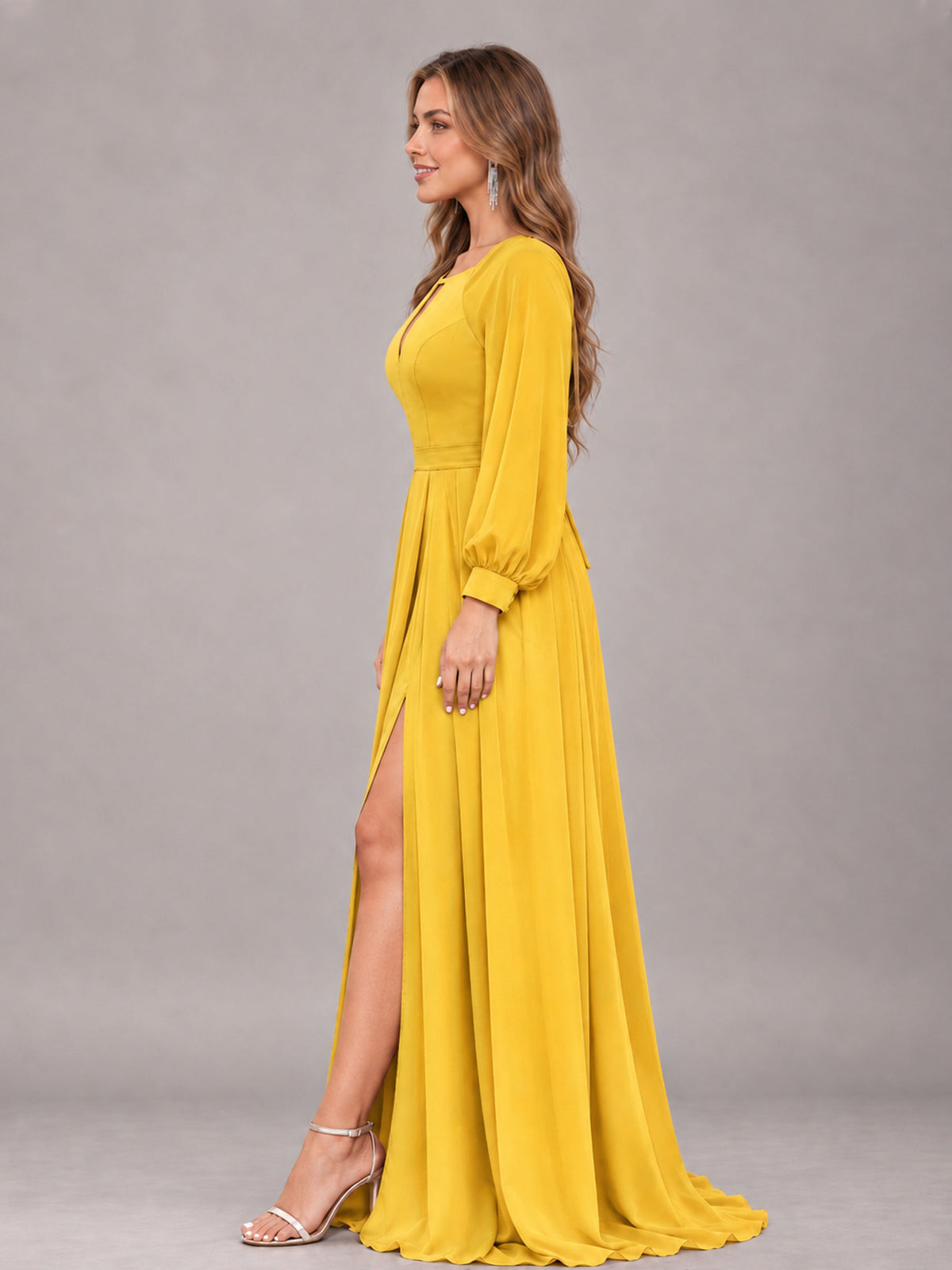 Mustard Yellow Trendy Halter Long Sleeves Slit Floor Length Chiffon Bridesmaid Dress