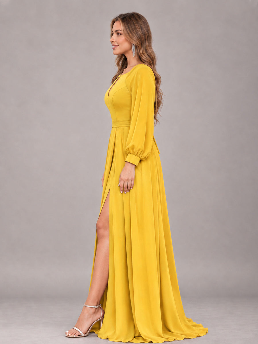 Mustard Yellow Trendy Halter Long Sleeves Slit Floor Length Chiffon Bridesmaid Dress