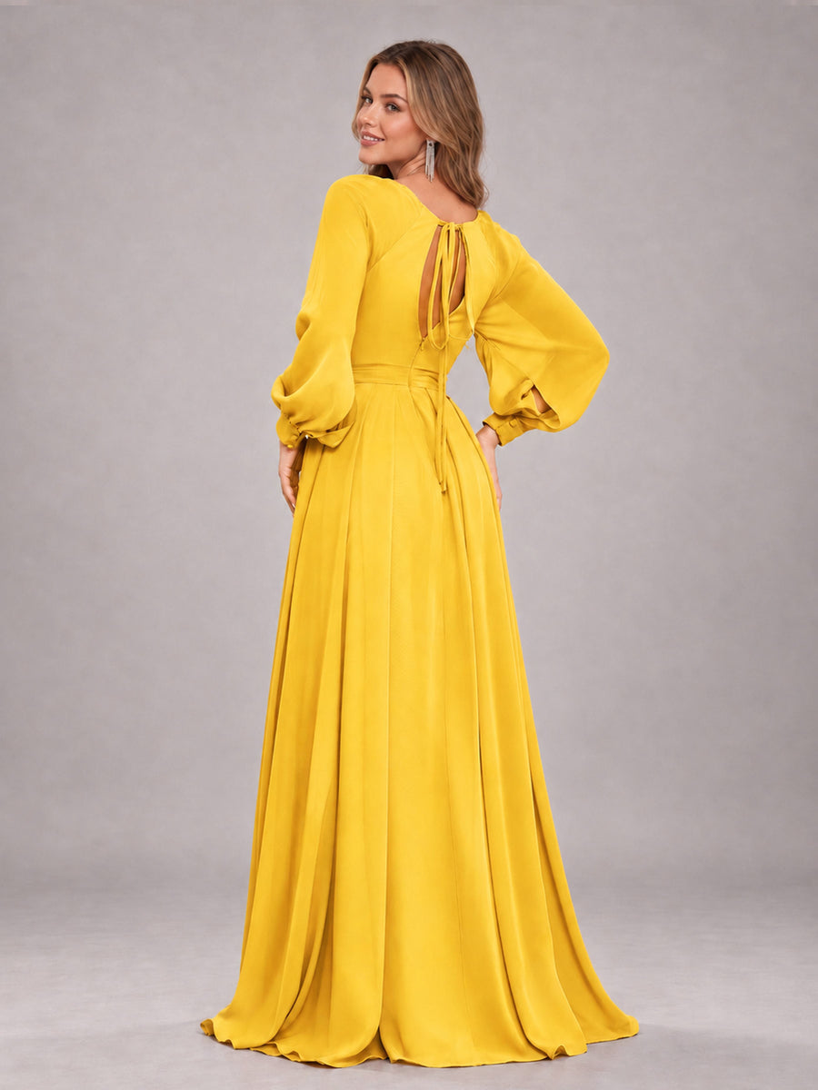 Mustard Yellow Trendy Halter Long Sleeves Slit Floor Length Chiffon Bridesmaid Dress