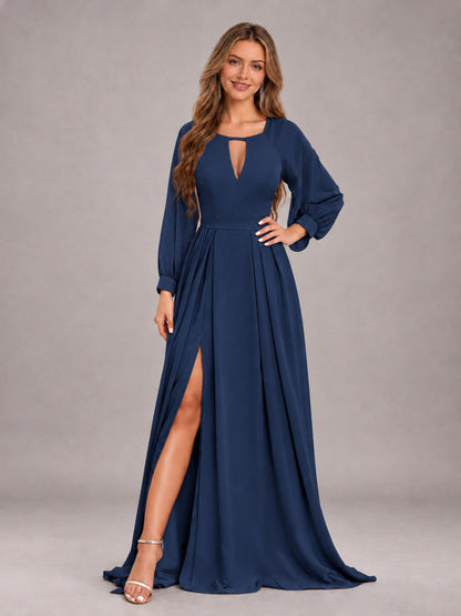 Navy Blue Trendy Halter Long Sleeves Slit Floor Length Chiffon Bridesmaid Dress