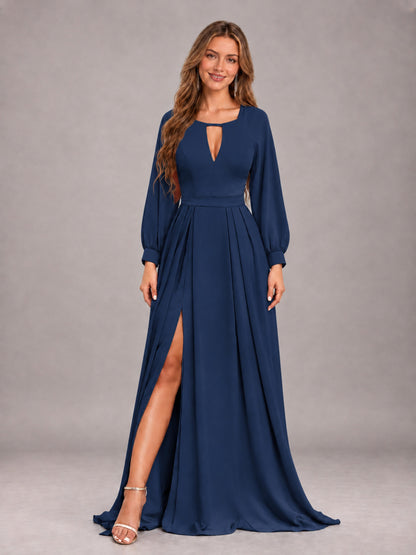 Navy Blue Trendy Halter Long Sleeves Slit Floor Length Chiffon Bridesmaid Dress