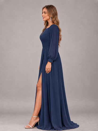 Navy Blue Trendy Halter Long Sleeves Slit Floor Length Chiffon Bridesmaid Dress