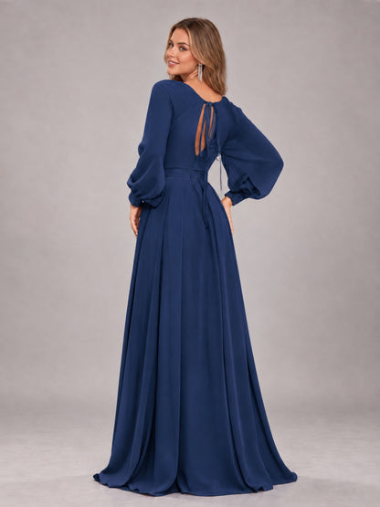 Navy Blue Trendy Halter Long Sleeves Slit Floor Length Chiffon Bridesmaid Dress