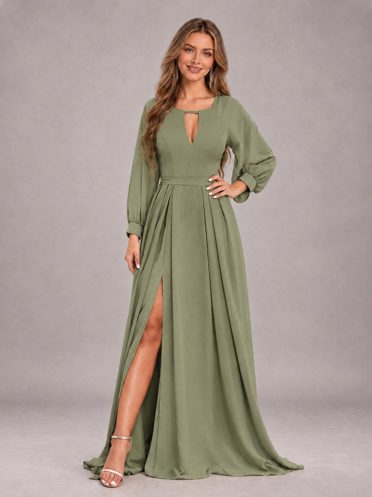 Olive Green Trendy Halter Long Sleeves Slit Floor Length Chiffon Bridesmaid Dress