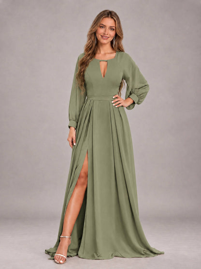Olive Green Trendy Halter Long Sleeves Slit Floor Length Chiffon Bridesmaid Dress