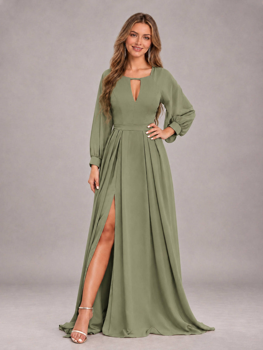 Olive Green Trendy Halter Long Sleeves Slit Floor Length Chiffon Bridesmaid Dress