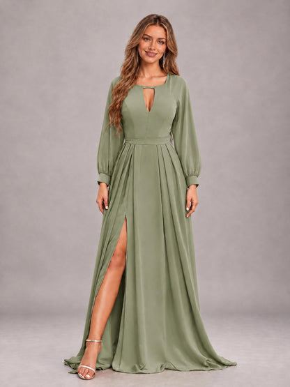 Olive Green Trendy Halter Long Sleeves Slit Floor Length Chiffon Bridesmaid Dress