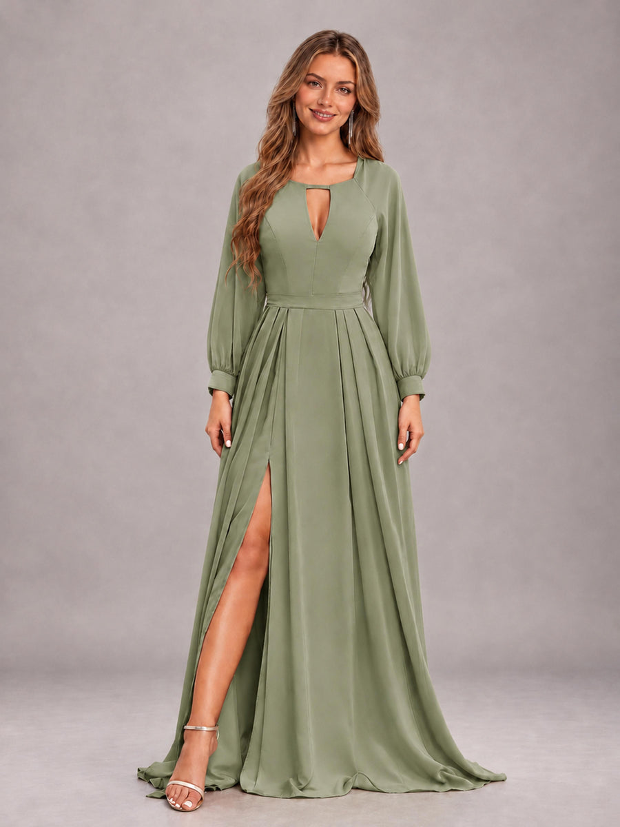 Olive Green Trendy Halter Long Sleeves Slit Floor Length Chiffon Bridesmaid Dress