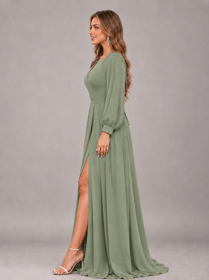 Olive Green Trendy Halter Long Sleeves Slit Floor Length Chiffon Bridesmaid Dress