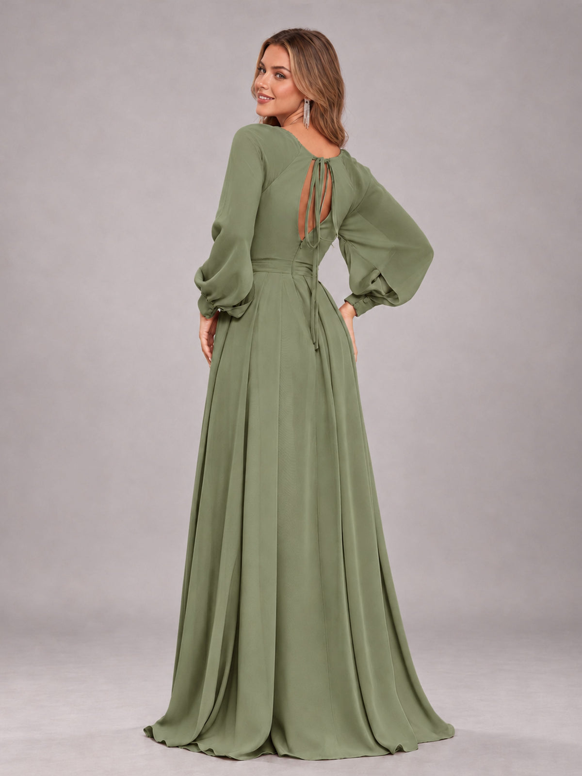 Olive Green Trendy Halter Long Sleeves Slit Floor Length Chiffon Bridesmaid Dress