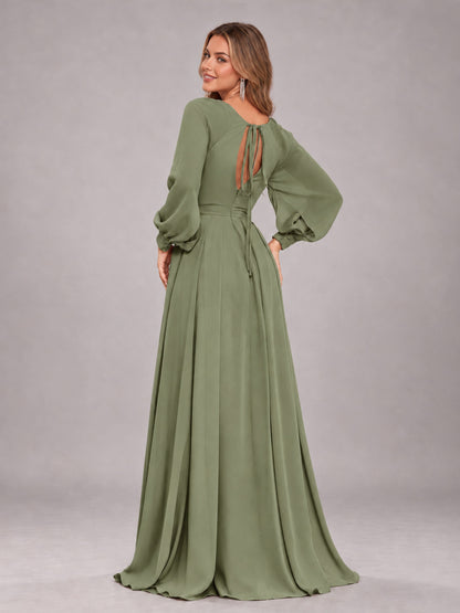 Olive Green Trendy Halter Long Sleeves Slit Floor Length Chiffon Bridesmaid Dress
