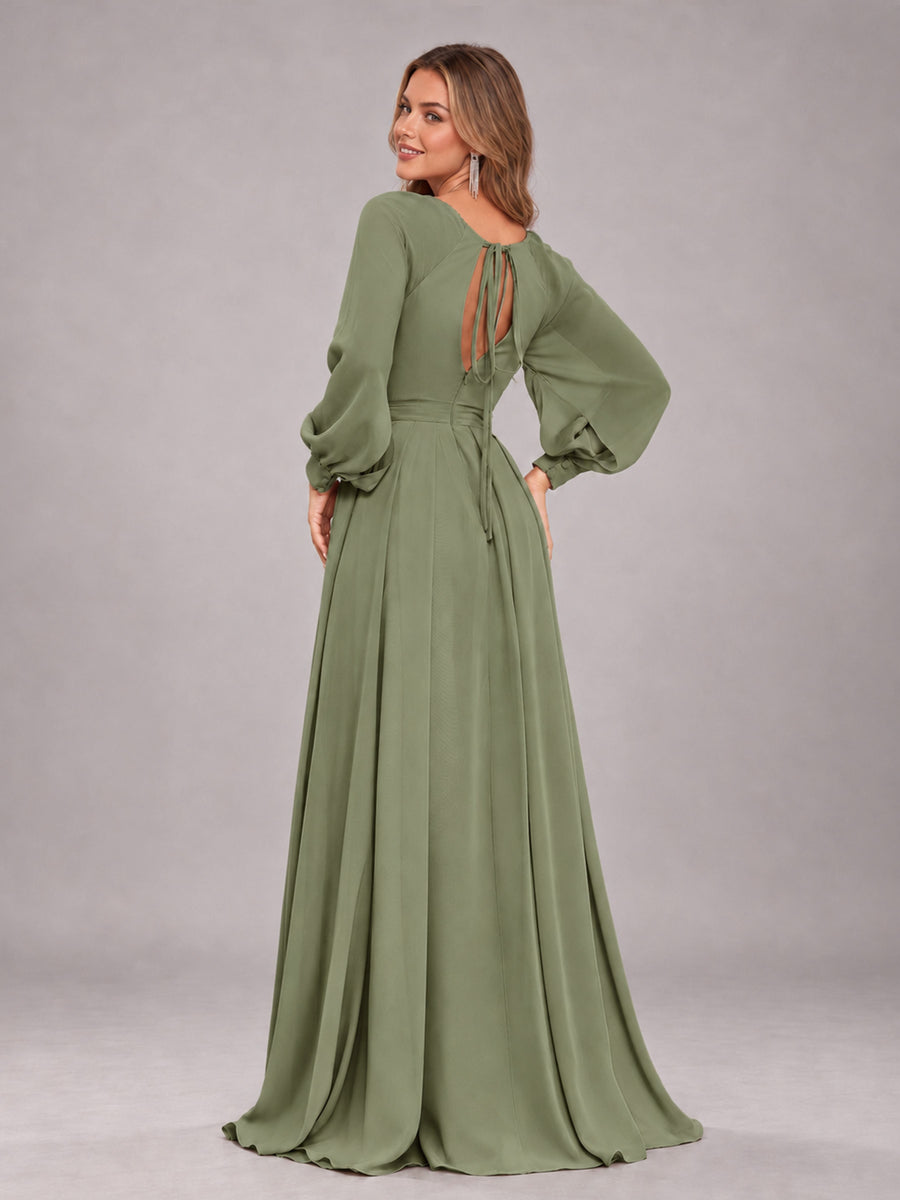 Olive Green Trendy Halter Long Sleeves Slit Floor Length Chiffon Bridesmaid Dress