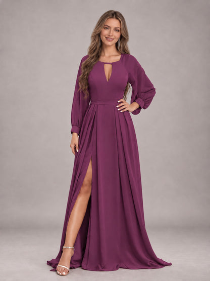 Plum Trendy Halter Long Sleeves Slit Floor Length Chiffon Bridesmaid Dress