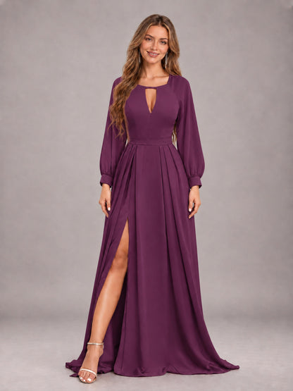 Plum Trendy Halter Long Sleeves Slit Floor Length Chiffon Bridesmaid Dress