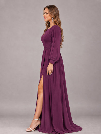 Plum Trendy Halter Long Sleeves Slit Floor Length Chiffon Bridesmaid Dress