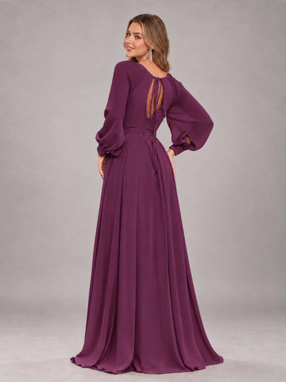 Plum Trendy Halter Long Sleeves Slit Floor Length Chiffon Bridesmaid Dress