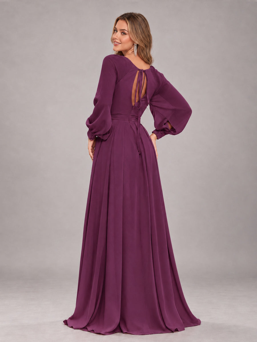 Plum Trendy Halter Long Sleeves Slit Floor Length Chiffon Bridesmaid Dress