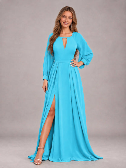Pool Trendy Halter Long Sleeves Slit Floor Length Chiffon Bridesmaid Dress
