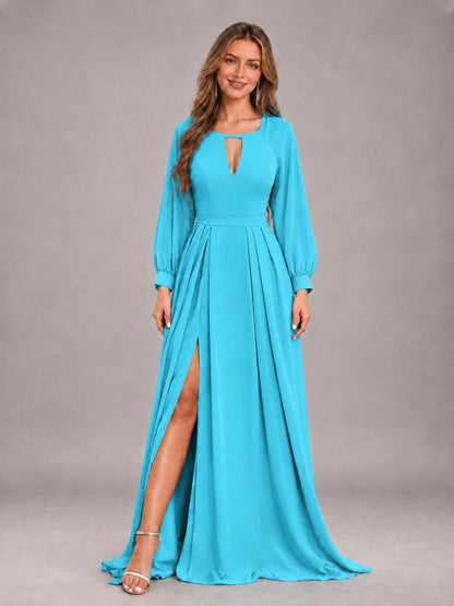 Pool Trendy Halter Long Sleeves Slit Floor Length Chiffon Bridesmaid Dress