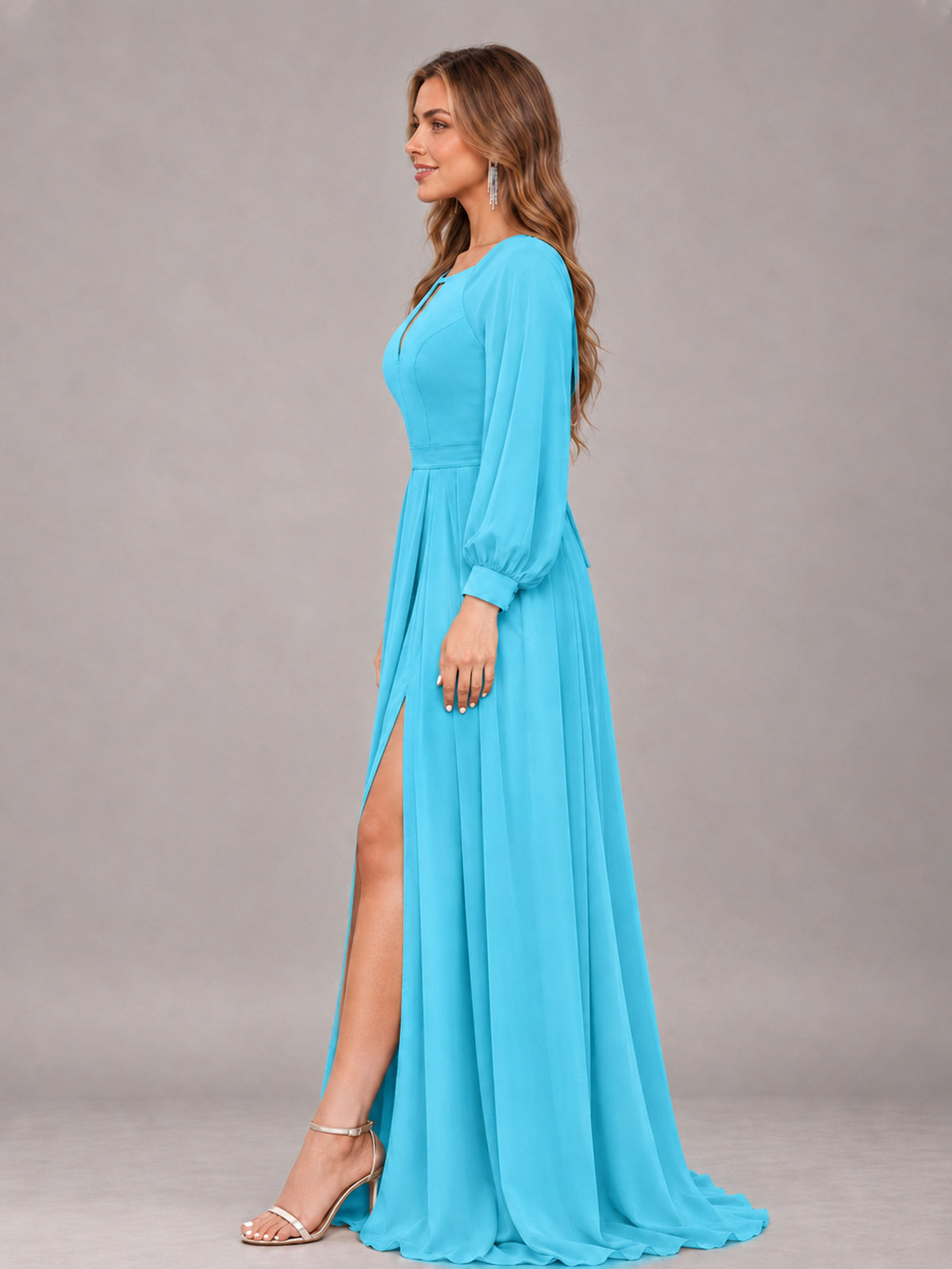 Pool Trendy Halter Long Sleeves Slit Floor Length Chiffon Bridesmaid Dress
